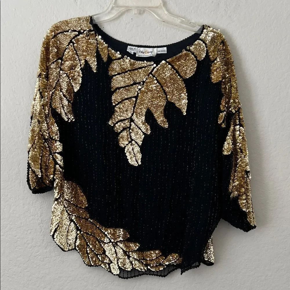 Vintage Oleg Cassini Gold Leaf and Black Sequin Detail 100% Silk in Size L